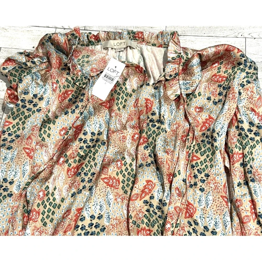 NWT LOFT Garden Cinched Sleeve Ruffle Tye Neck top blouse SMALL‎